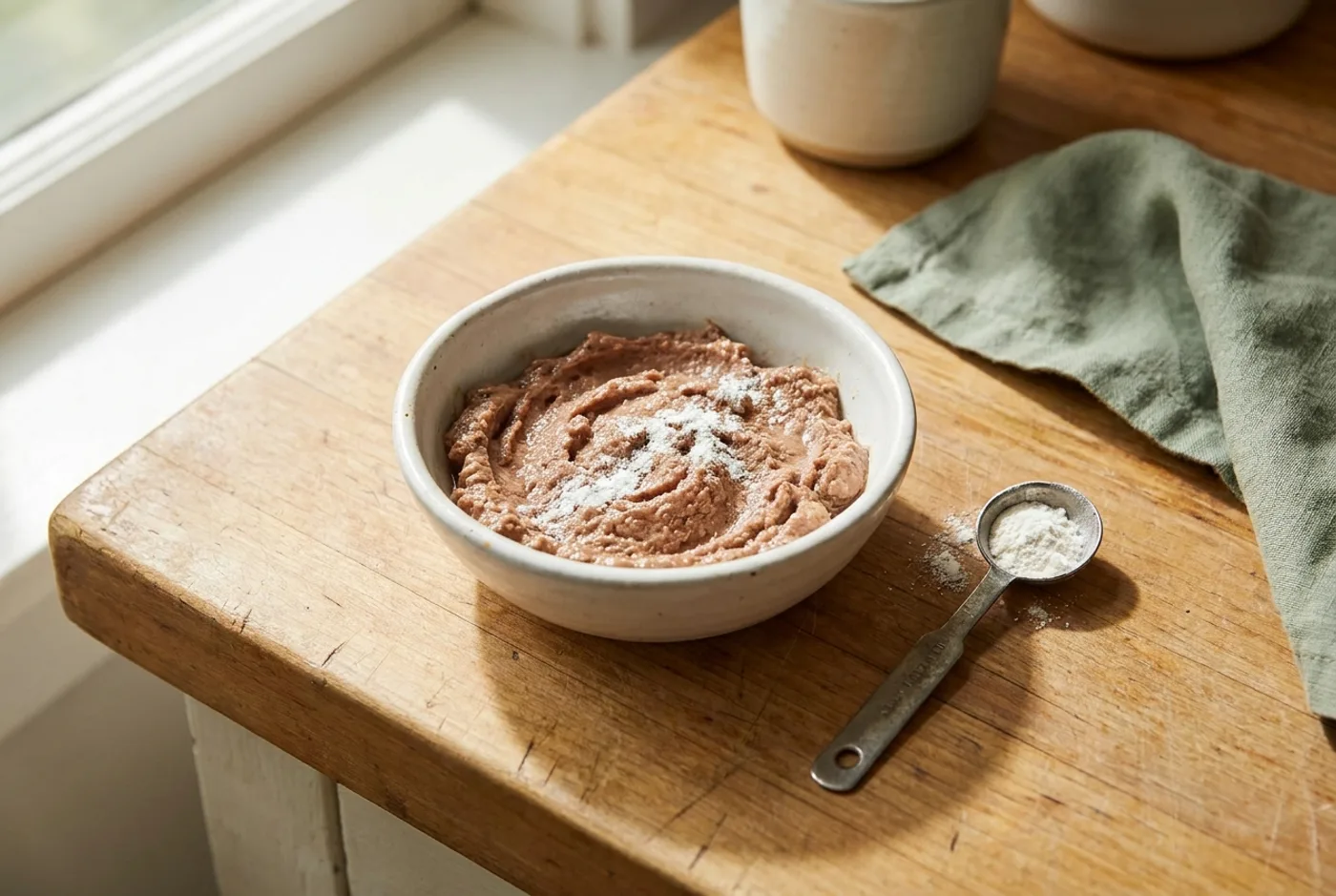 A small dish of wet cat food on a wooden counter with white binder powder stirred through it, and a measuring spoon of powder resting beside it.