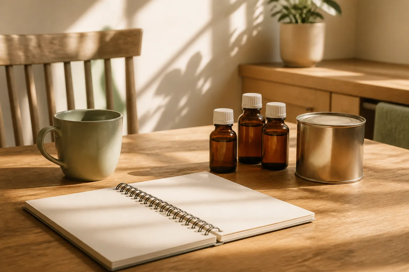 A kitchen table in morning light with an open blank notebook, a few unlabelled amber bottles, and a plain metal food can.