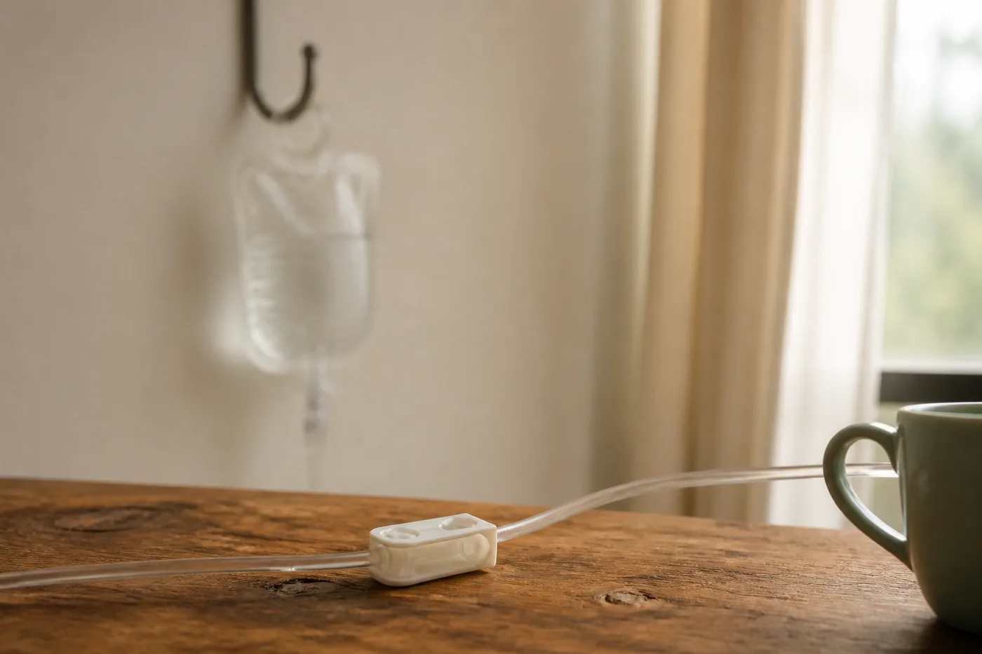 Clear fluid tubing with a clamp on a wooden kitchen table, an unlabelled fluid bag hanging from a hook on the wall behind.