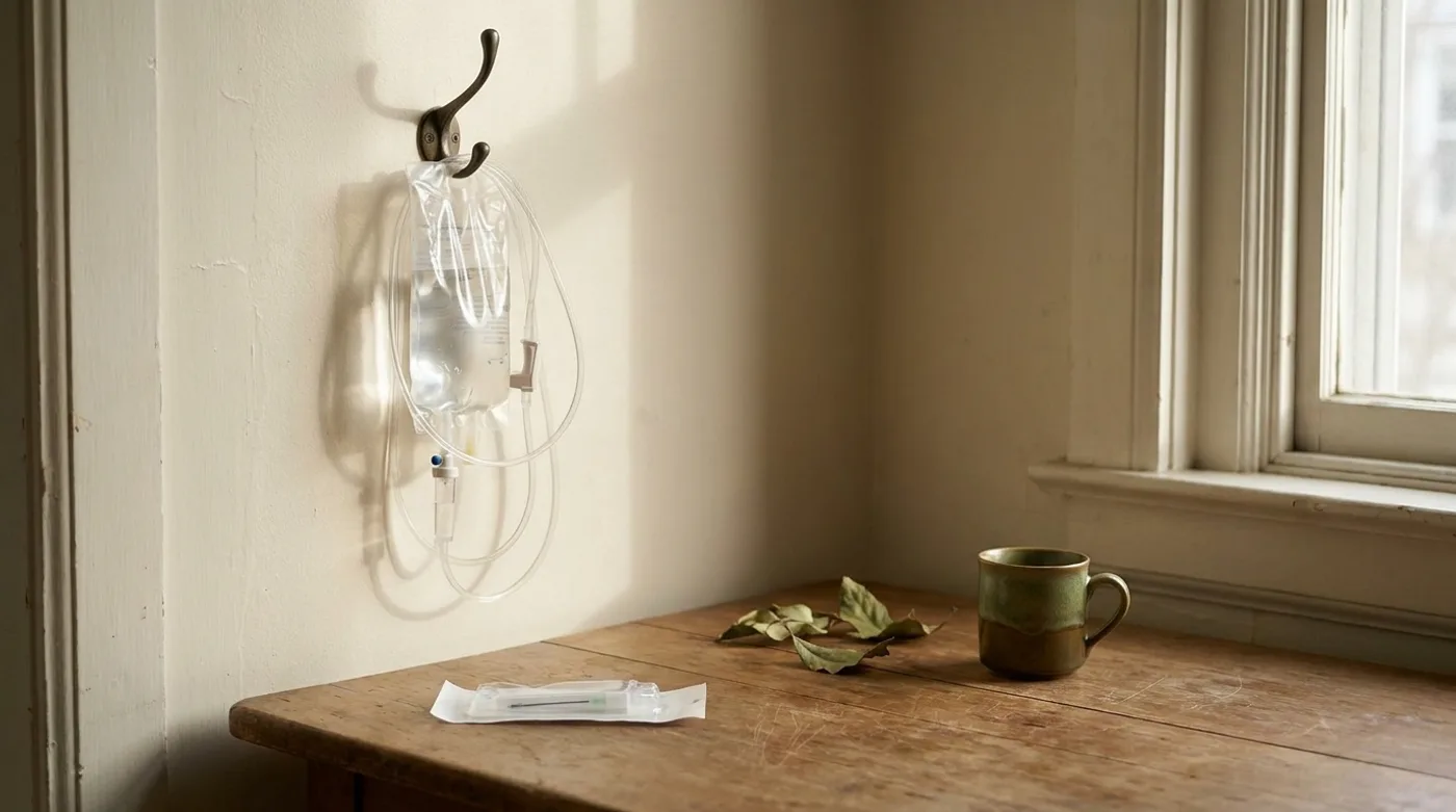 A bag of fluid hanging from a coat hook on a kitchen wall, a coiled drip line, and a sealed sterile needle packet on a wooden kitchen table in morning light.
