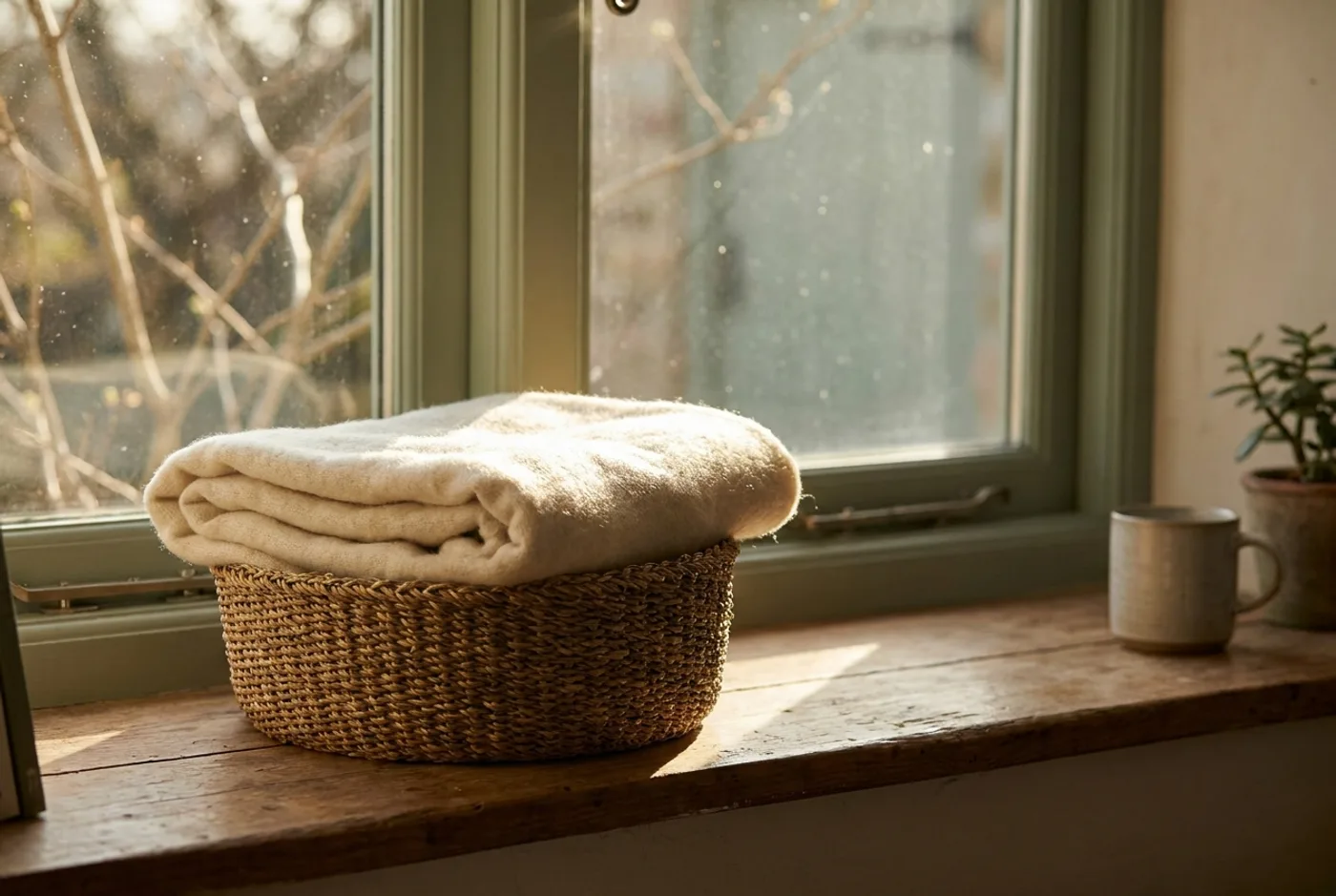 A folded cream blanket in a low woven basket on a sunlit windowsill, empty.