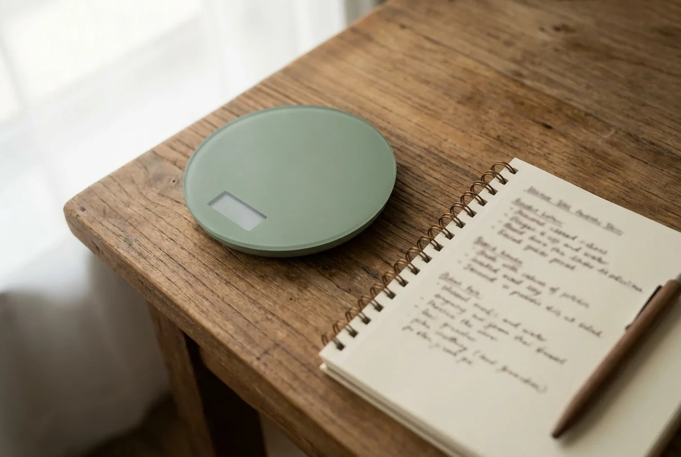 A flat digital scale on a wooden table beside an open spiral notebook and a pen.