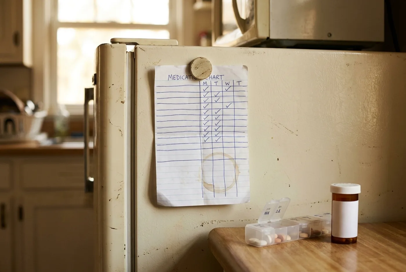 A hand-drawn medication chart on lined paper stuck to a refrigerator door with a magnet, ticked in ballpoint pen with some rows blank and a coffee ring on it, beside a pill organizer and a prescription bottle.