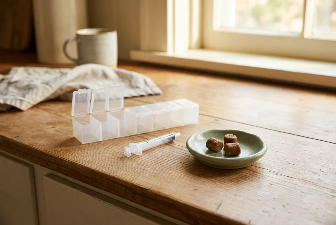 A weekly pill organiser open on a kitchen counter beside a small oral syringe and a dish of soft treats.