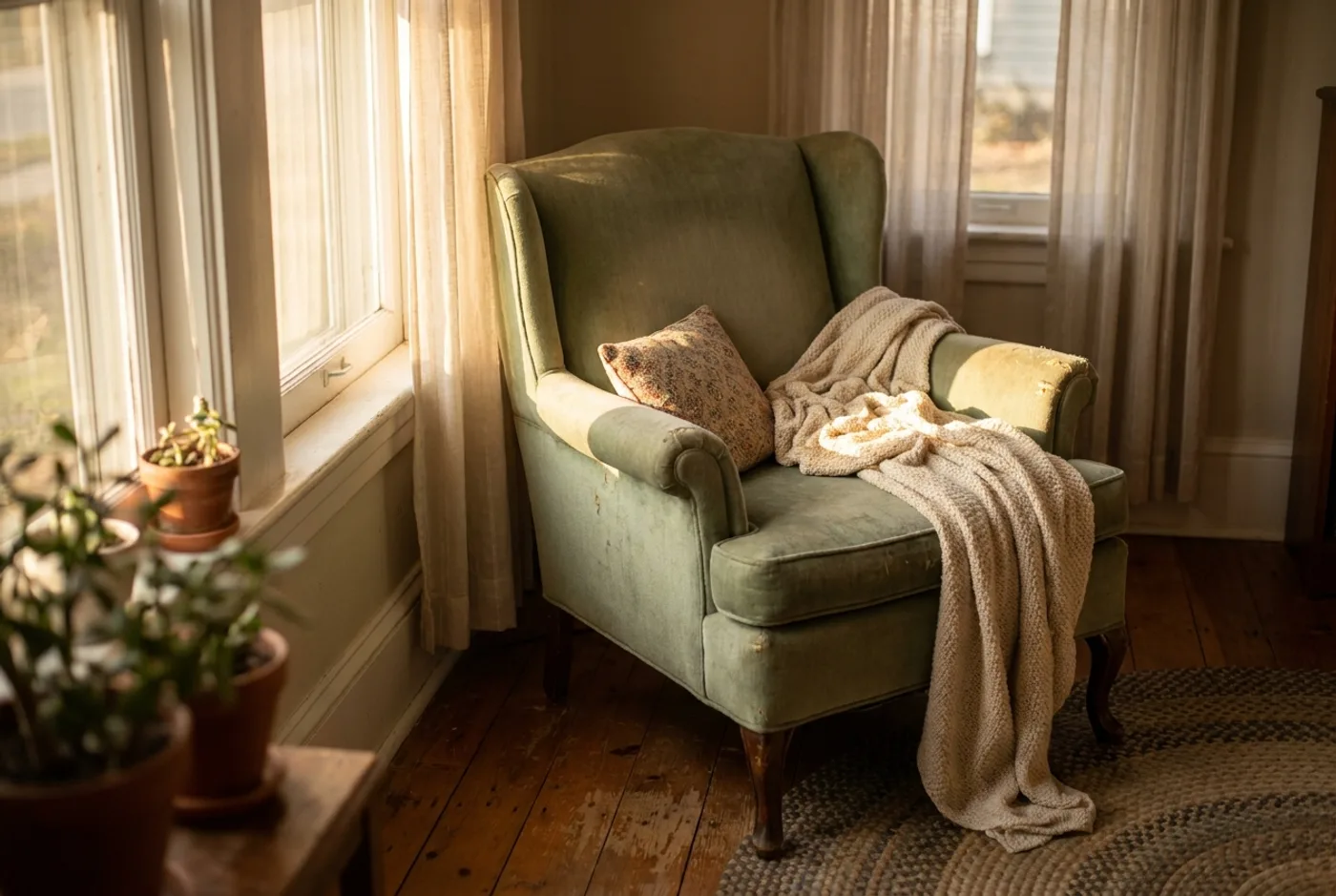 A worn green armchair beside a window, late afternoon sun falling across a soft throw and a cushion.