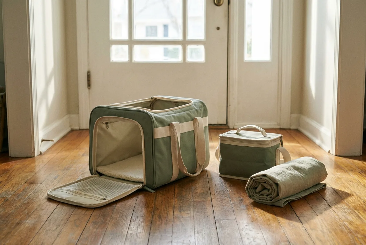A soft-sided carrier sitting open by a front door beside a packed cooler bag and a rolled towel.