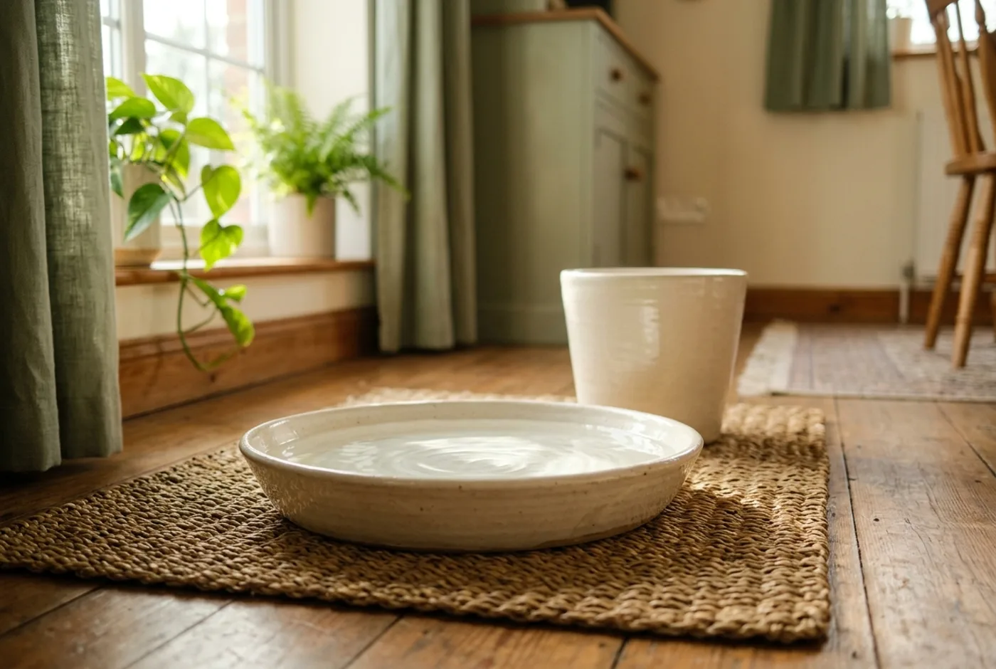 A wide shallow ceramic dish of water in sharp focus on a woven mat, with a tall narrow deep bowl standing out of focus behind it.